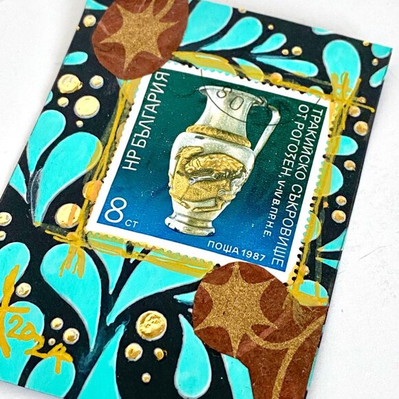ACEO Original Mixed Media Art 1987 Bulgaria Postage Stamp ATC - Picture 2 of 3